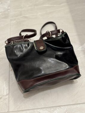 Rivage Classic Black Burgundy Green Leather Satchel Vintage